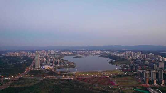 成都天府新区兴隆湖和科学城夜景航拍实时