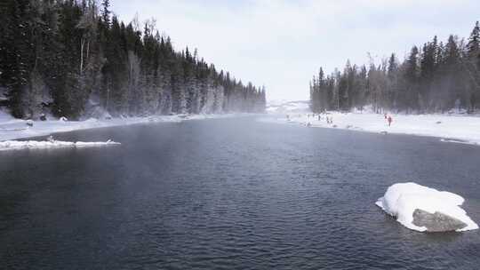 冬季喀纳斯晨雾雪蘑菇雾凇冰河野鸭雪山森林