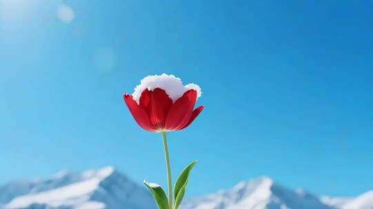 雪覆红色郁金香雪山背景