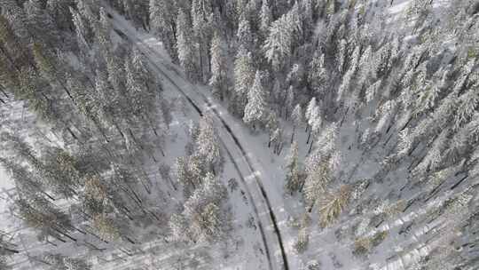 汽车在雪地里行驶航拍视角