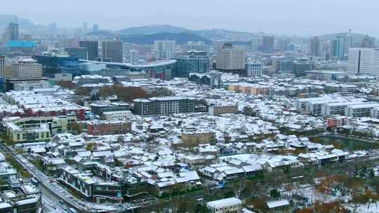 山东济南大明湖百花洲明府城雪景航拍