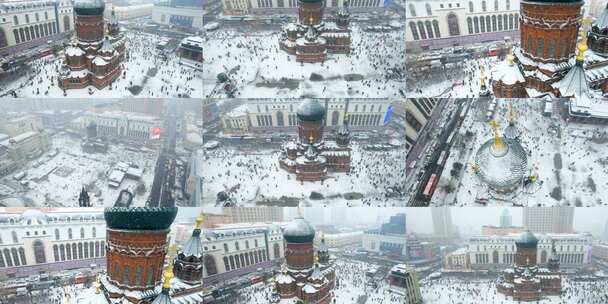 哈尔滨圣索菲亚教堂冬季雪景下雪异域建筑高清在线视频素材下载