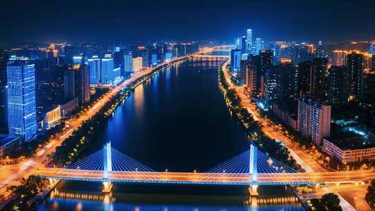 城市河流夜景航拍