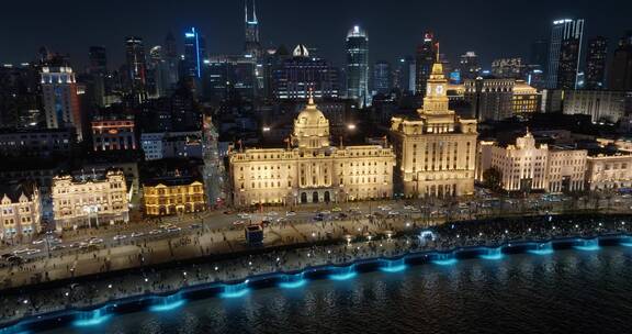 航拍上海外滩万国建筑群夜景