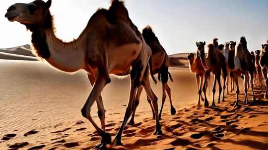 沙漠中行进的骆驼群