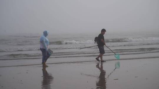 渔民赶海挖海鲜贝类沙滩海边退潮捕鱼生活视频素材模板下载