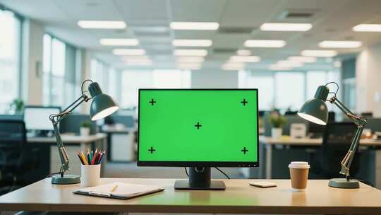 办公室绿屏电脑工作场景