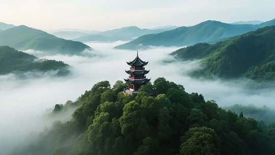 山间云雾中的古亭风景