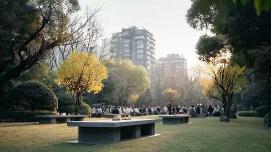 城市公园草坪商务会议和谐场景