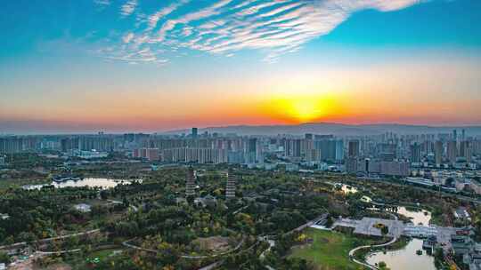 太原双塔寺夕阳航拍延时