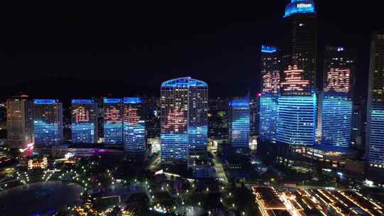 山东烟台滨海广场世贸大厦夜景灯光秀航拍