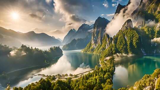 山水湖泊自然风光全景