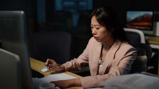 职场女性深夜加班办公