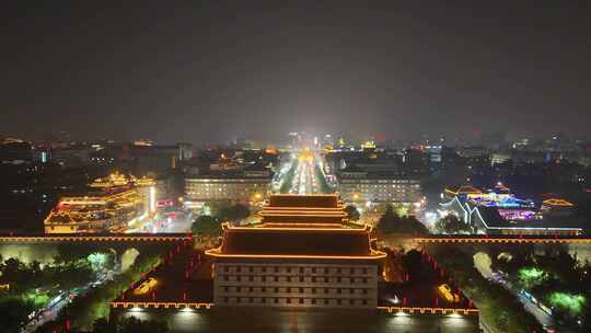 陕西西安永宁门夜景西安城墙夜景航拍