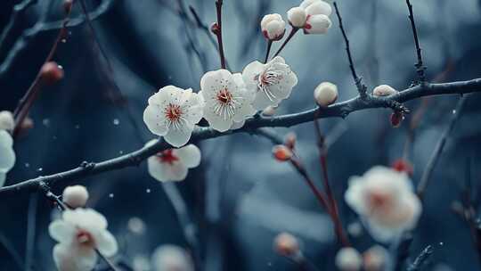 冬天树枝花朵冬季雪景飘雪寒梅