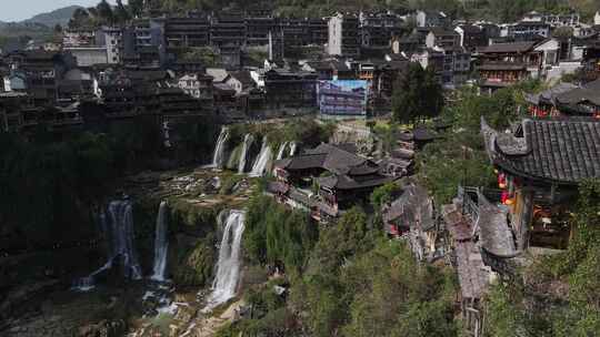 湖南湘西芙蓉镇航拍古镇风景