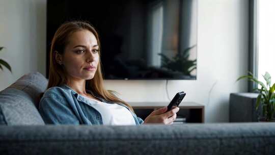 女子沙发上玩手机素材