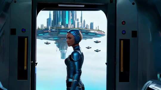 机器人眺望未来科幻城市景观