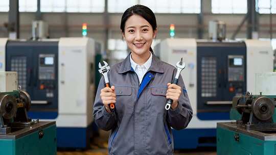 工厂女工人手持扳手微笑