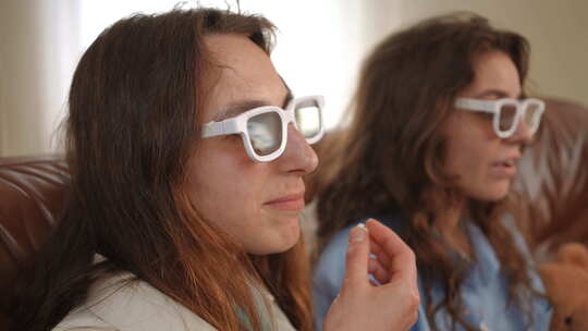 戴着3D眼镜看电影两个戴着白色3D眼镜的