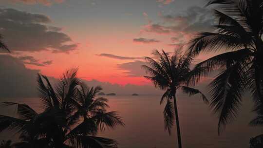 棕榈树红色日落和平静的大海