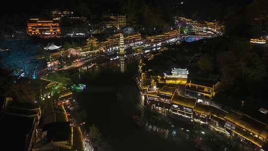 湖南凤凰古城沱江万名塔夜景风光航拍