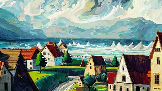 油画风景小镇帆船海边01