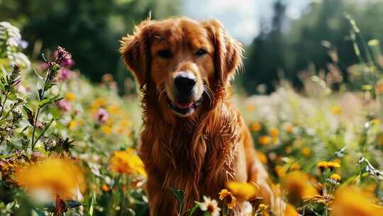 小狗狗户外公园特写可爱花丛中训练宠物狗