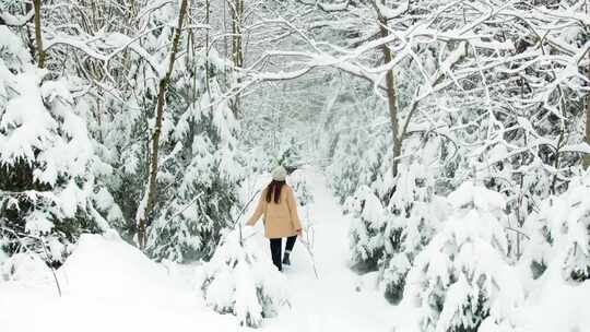 女人在冰雪森林徒步走路