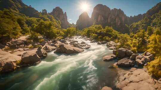 山间河流与岩石阳光风景