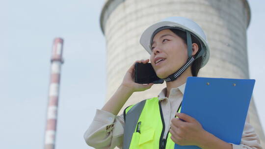 中国人女工程师戴建筑头盔工作记录