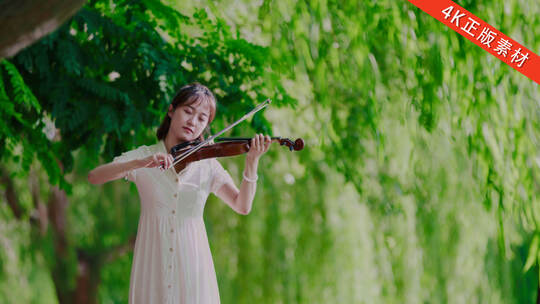 公园美女散步 拉小提琴唯美画面 美好生活高清在线视频素材下载