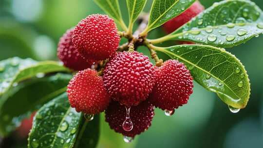 多色树上果实水珠特写