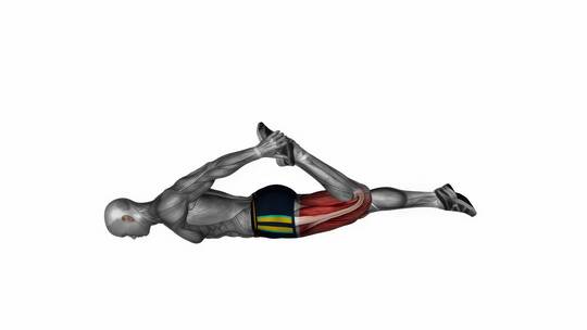 3D人物躺着拉伸股四头肌科学健身锻炼演示