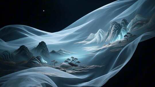 超现实梦幻般的中国风意境青绿山水画