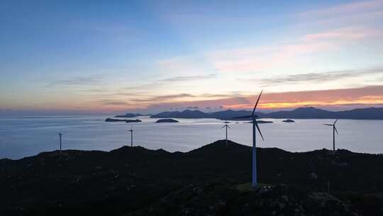 4K 海岛风车山晚霞风力发电清洁能源航拍