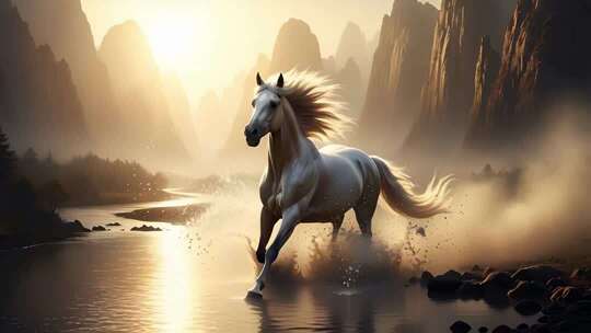 山水间奔跑的白马