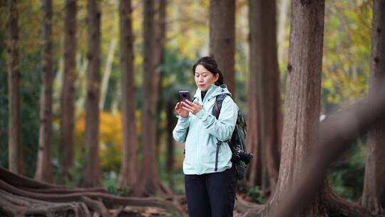 中年女性户外森林使用手机
