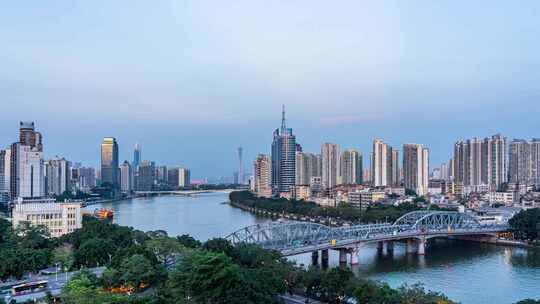 广州海珠桥和珠江两岸城市天际线延时摄影4k