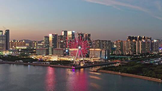 深圳市宝安区前海湾区之光摩天轮日落航拍视频素材模板下载