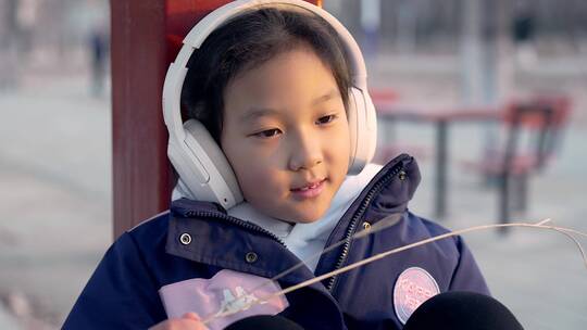 冬天靠在公园长廊柱子上带耳机听音乐的女孩