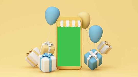 绿幕手机和礼物盒漂浮的气球