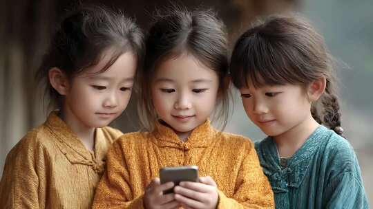 三个女孩在传统服饰下专注使用手机