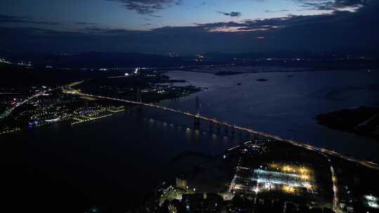 航拍汕头老城区榕江礐石大桥日落夜景