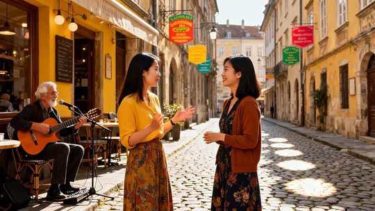 街头两位女士交谈场景