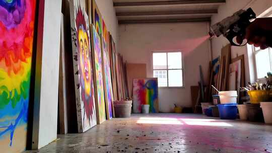 工作室艺术家喷绘多彩画作