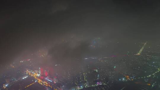 航拍鄂州城区夜景全景平流雾延时