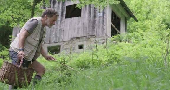 一个人在树林里一个废弃的小屋附近用棍子戳