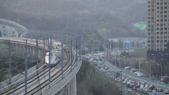 山东威海青荣城铁陶家夼环山路高铁动车驶过视频素材模板下载