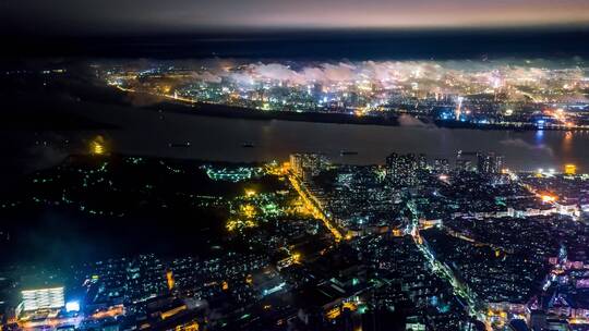 航拍鄂州市平流雾夜景城市夜景航拍延时